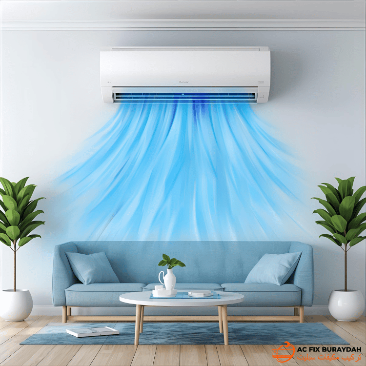 تأثير بصري لتدفق الهواء الأزرق البارد من مكيف الهواء يرمز إلى أداء التبريد المثالي