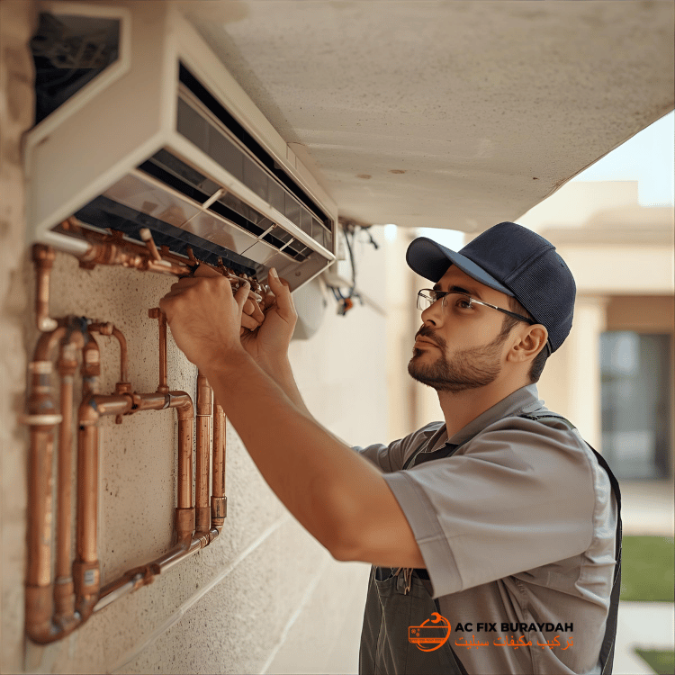 عامل يشد أنابيب النحاس لمكيف الهواء المنفصل، تعبير مركّز، خلفية فيلا بيج على الطراز السعودي