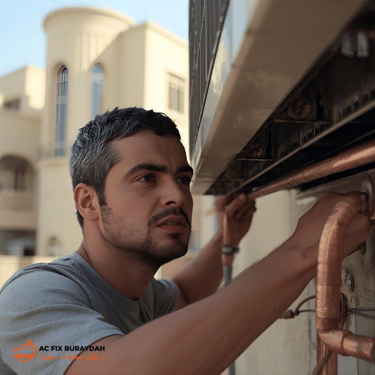 عامل يقوم بربط الأنابيب النحاسية لمكيف الهواء المنفصل
