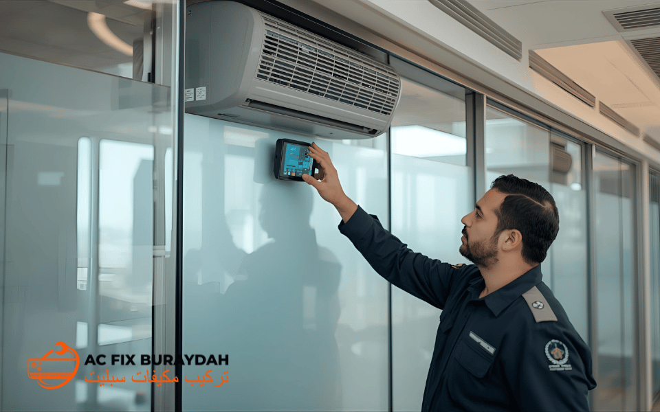 فحص احترافي من ACFixBuraydah لنظام التبريد المركزي بالقنوات داخل برج مكاتب حديث