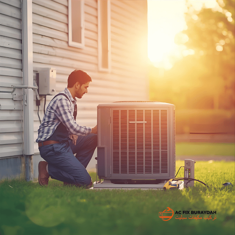 فني محترف يقوم بإصلاح وحدة مكيف سبليت على الحائط في منزل سعودي