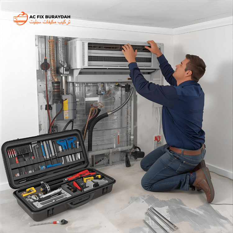 فني يقوم بتثبيت وحدة تكييف داخلية جديدة على الحائط الأبيض، مع سلم وصندوق أدوات مرئيين، وإعداد أنيق