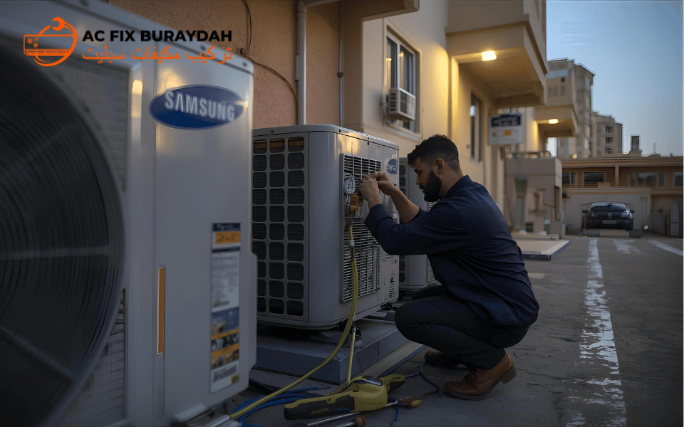 فني يُعيد تعبئة غاز الفريون في وحدات سامسونج سبليت خارج مبنى سكني في بريدة