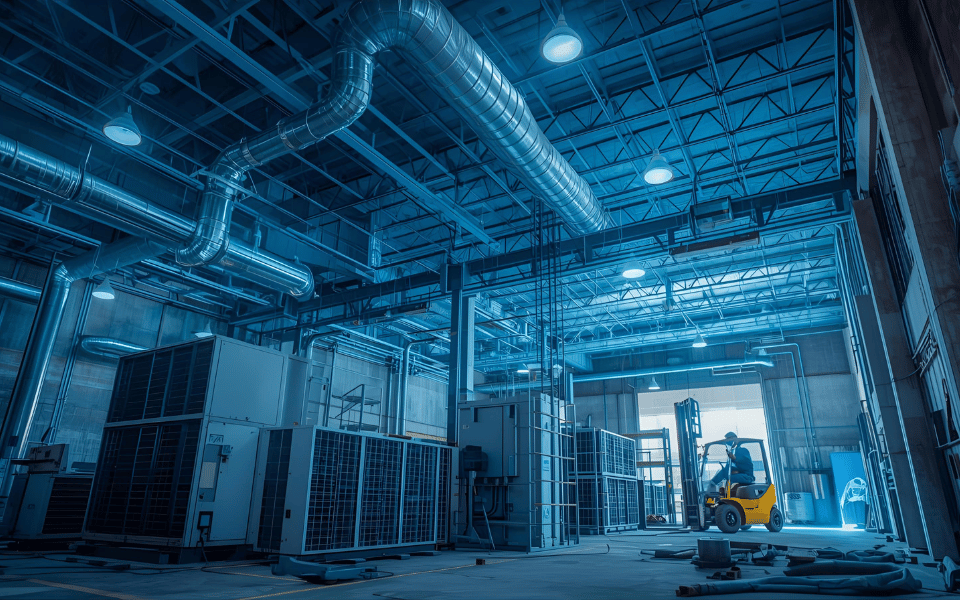 فنيون يُركّبون وحدات تبريد صناعية عالية التحمل داخل مستودع في المنطقة الصناعية ببريدة. عزل مجاري الهواء قيد التنفيذ، ورافعات