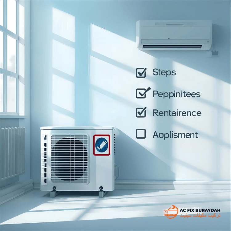 قائمة التحقق من صيانة مكيف الهواء بجوار الوحدة الداخلية النظيفة، والأيقونات التي تمثل الخطوات المكتملة