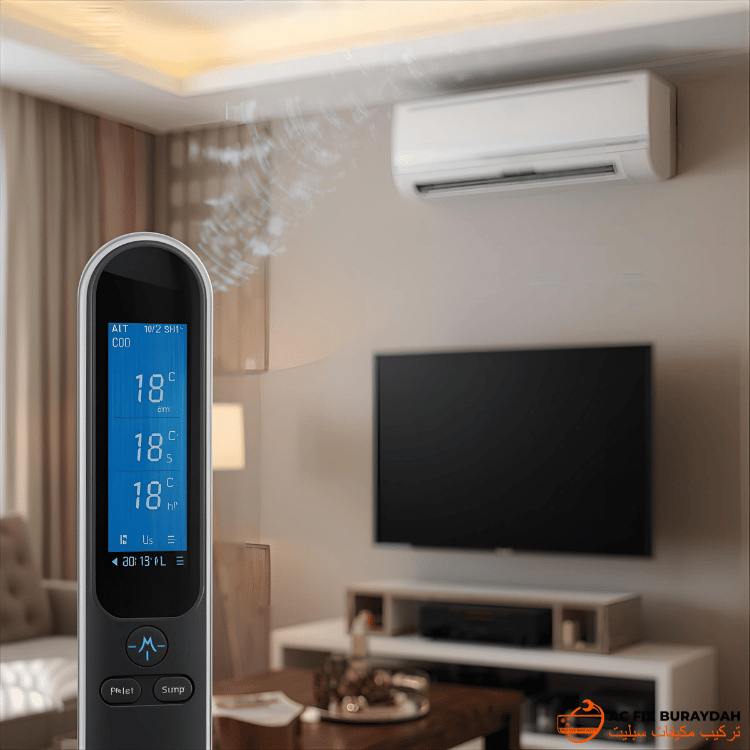 مقياس حرارة يظهر 18 درجة مئوية من الهواء البارد الذي ينفخ من مكيف الهواء المنفصل في غرفة معيشة سعودية حديثة