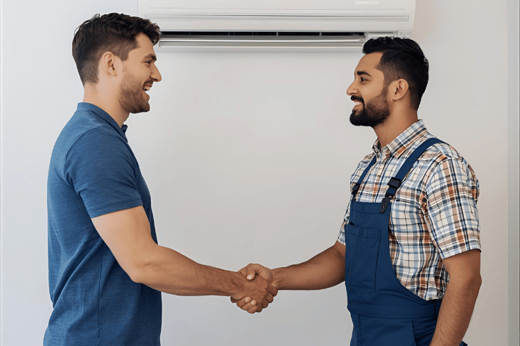 العميل يصافح فني إصلاح مكيف الهواء