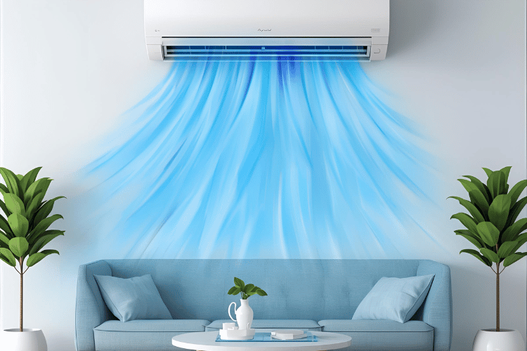 تأثير بصري لتدفق الهواء الأزرق البارد من مكيف الهواء يرمز إلى أداء التبريد المثالي