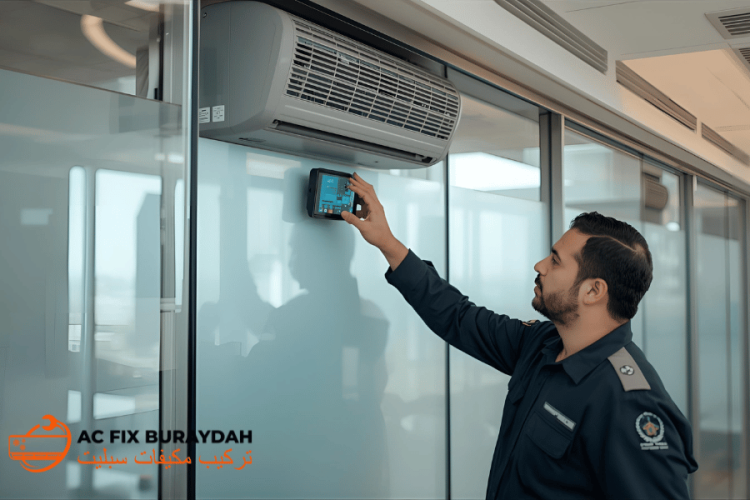 فحص احترافي من ACFixBuraydah لنظام التبريد المركزي بالقنوات داخل برج مكاتب حديث
