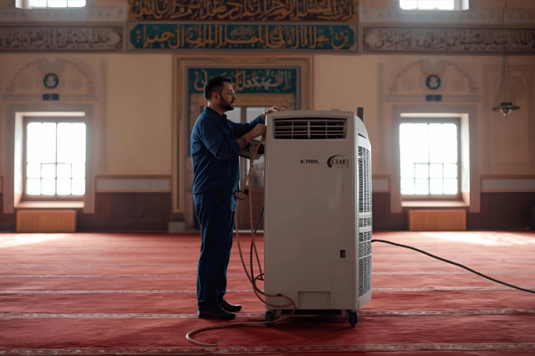 فني تنظيف مكيف هواء ترين كبير قائم على الأرضية داخل قاعة الصلاة بالمسجد