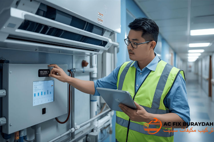 فني يقوم بضبط نظام التبريد المركزي في يورك في غرفة ميكانيكية بالمستشفى