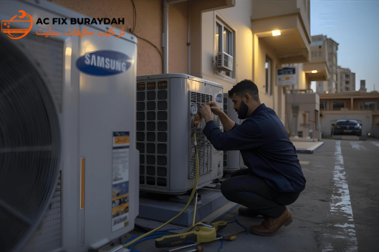 فني يُعيد تعبئة غاز الفريون في وحدات سامسونج سبليت خارج مبنى سكني في بريدة